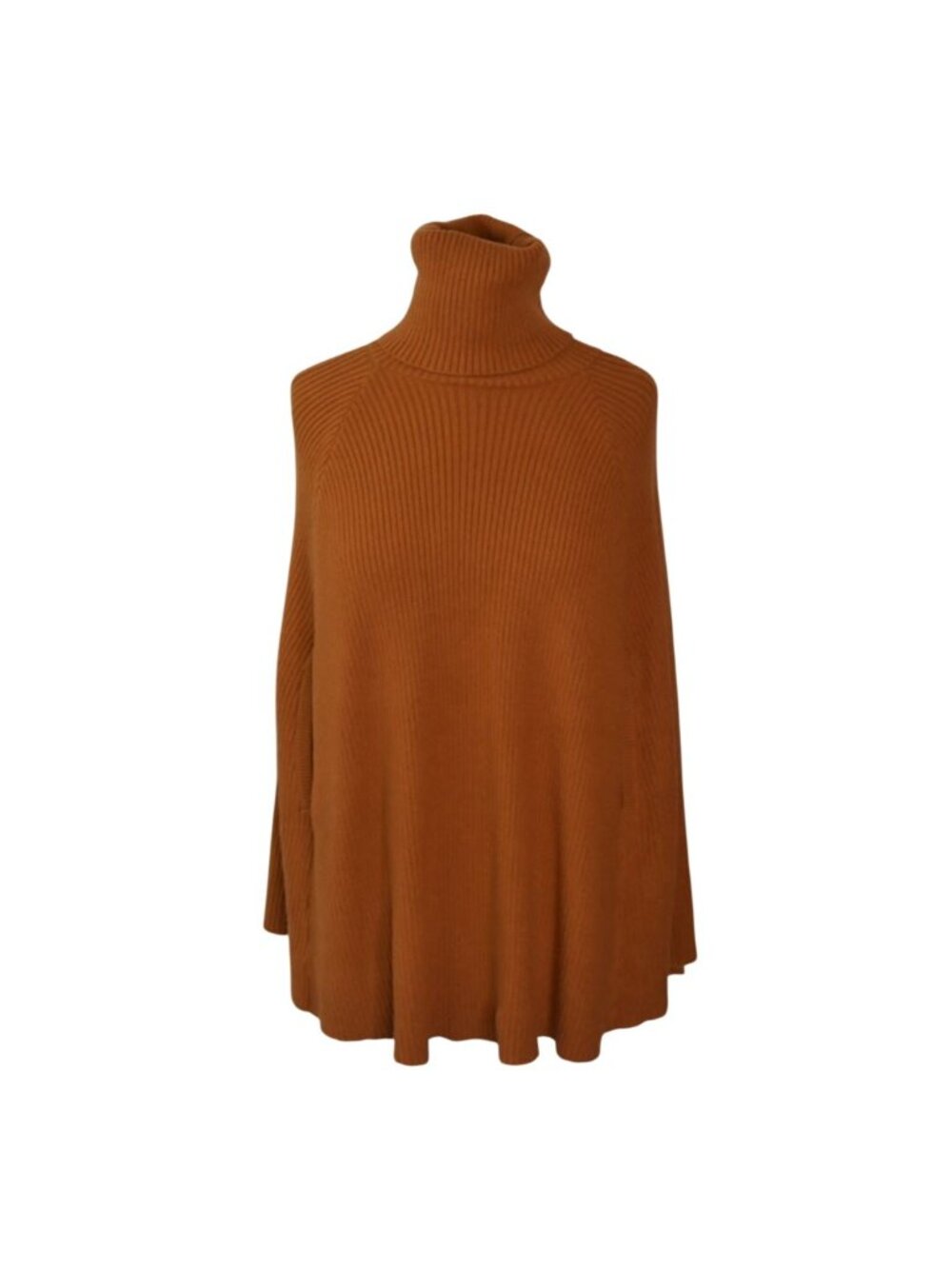 Ribbed Knit Turtleneck Poncho Sweater In Rust Brown XS/S Rayon Blend